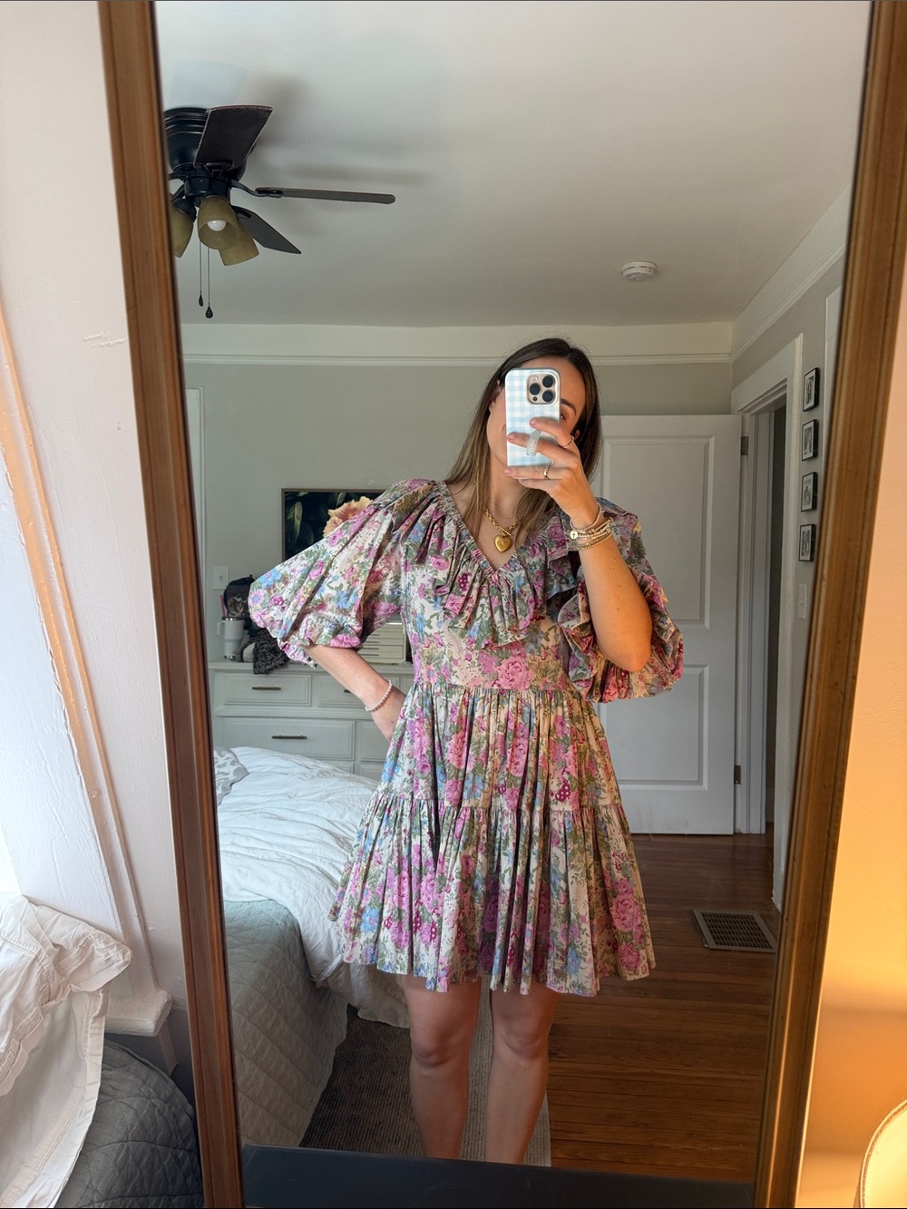 Floral Ruffle Tiered Mini Dress in Pink & Green
